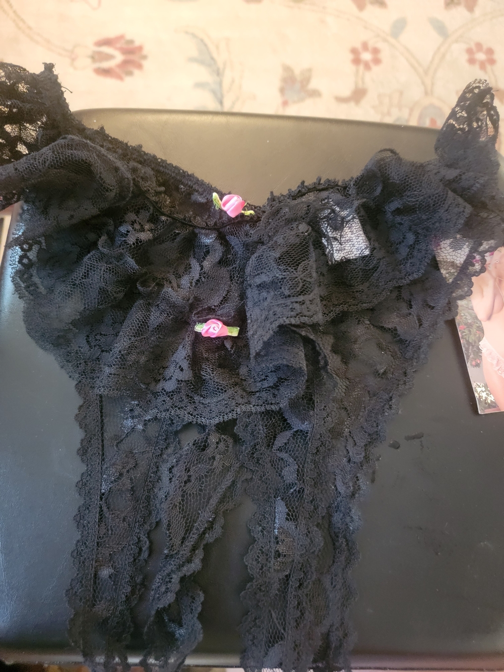 New NwT DreamGirl Delicate Black Lace Women's Open Crotch with Pink Rose Accents